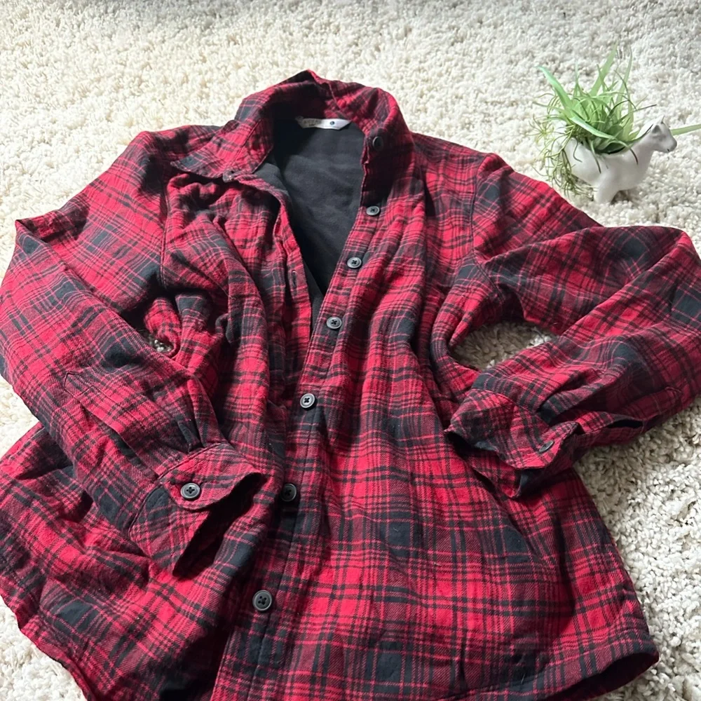 Riders by Lee long puffy red and black flannel button up outdoor jacket …